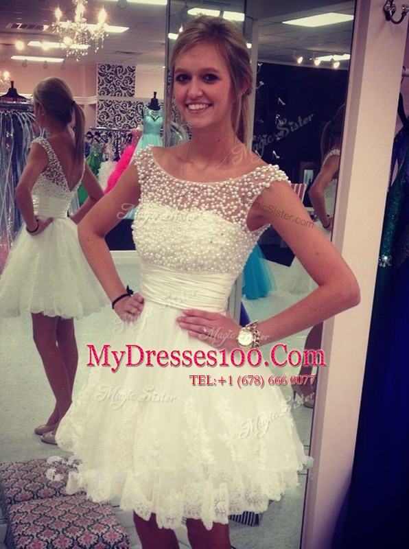 Fabulous Scoop Knee Length Zipper Prom Dress White for Prom and Party with Beading and Lace