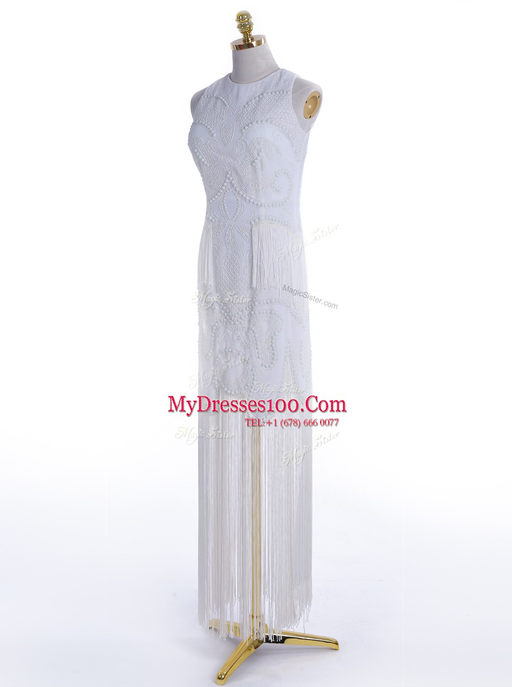 Modest White Scoop Zipper Beading Evening Wear Sleeveless