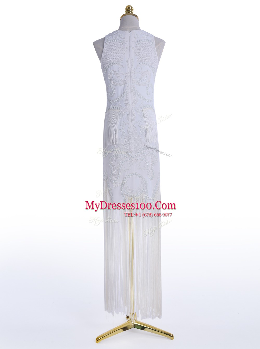 Modest White Scoop Zipper Beading Evening Wear Sleeveless