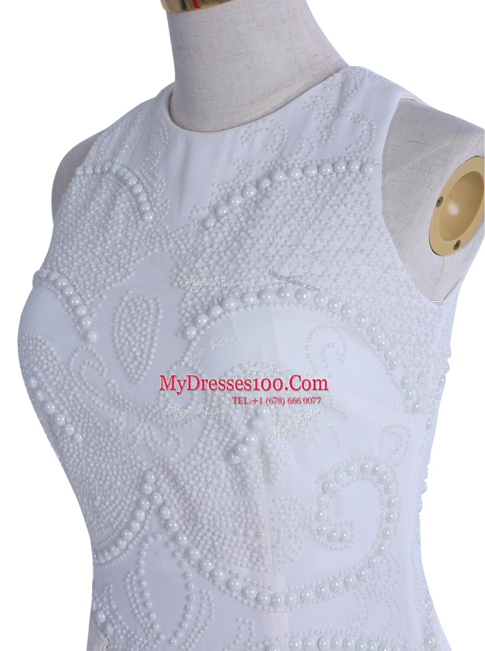 Modest White Scoop Zipper Beading Evening Wear Sleeveless
