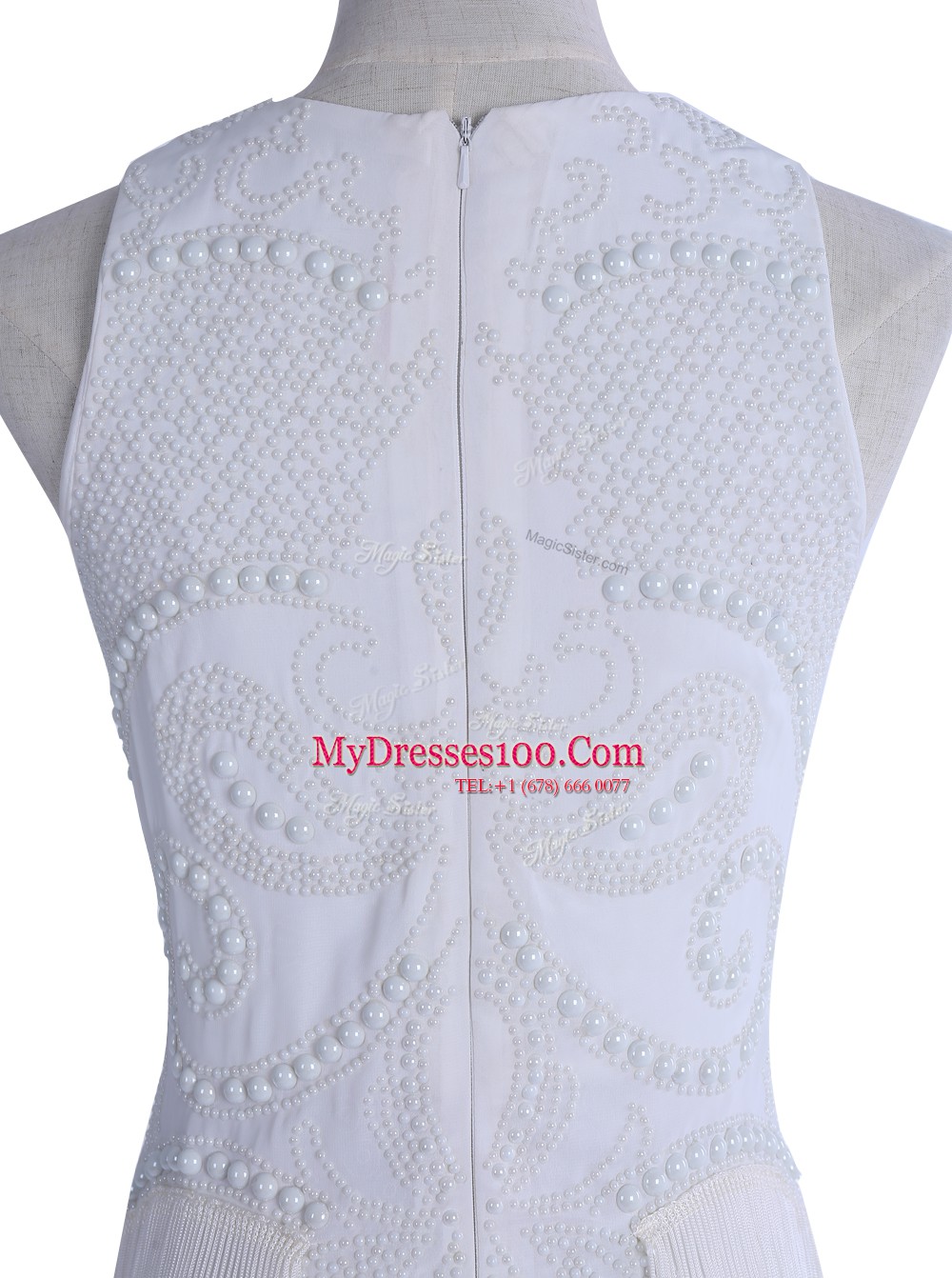 Modest White Scoop Zipper Beading Evening Wear Sleeveless