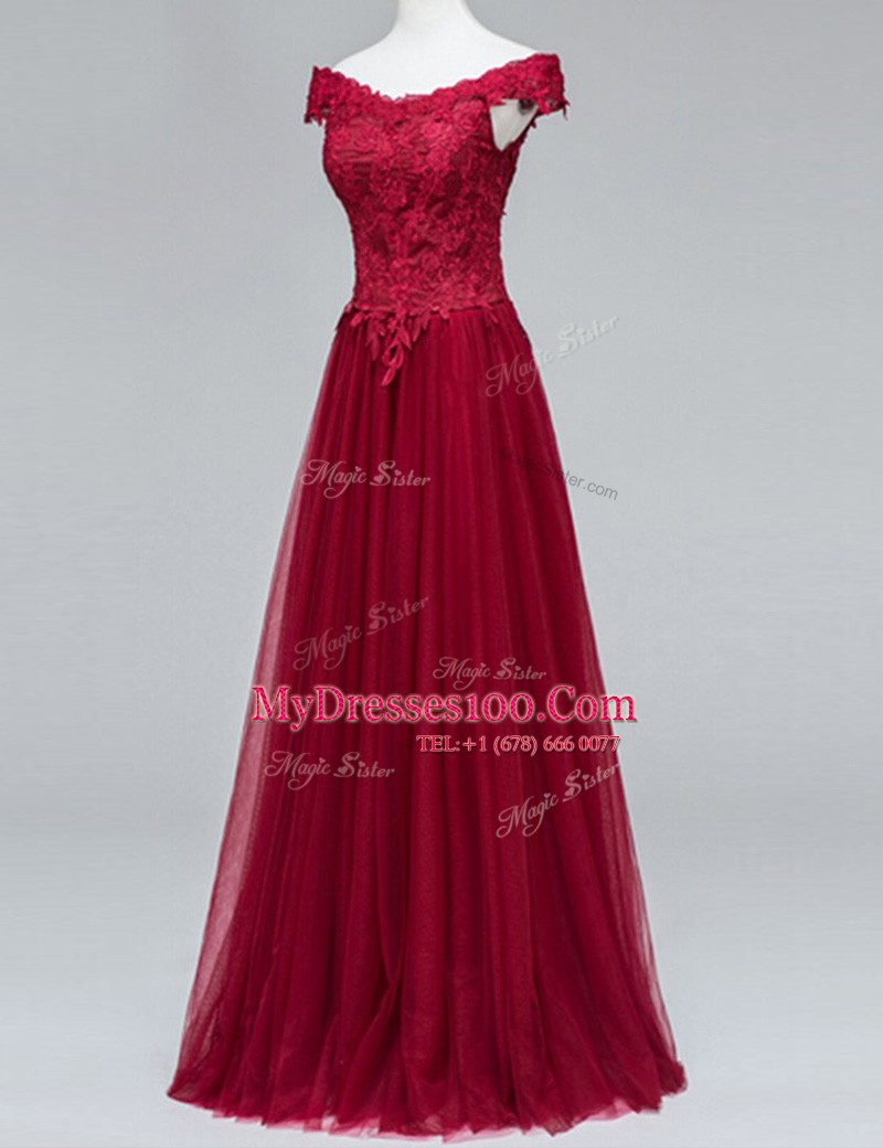 Cute Floor Length A-line Short Sleeves Wine Red Prom Evening Gown Zipper