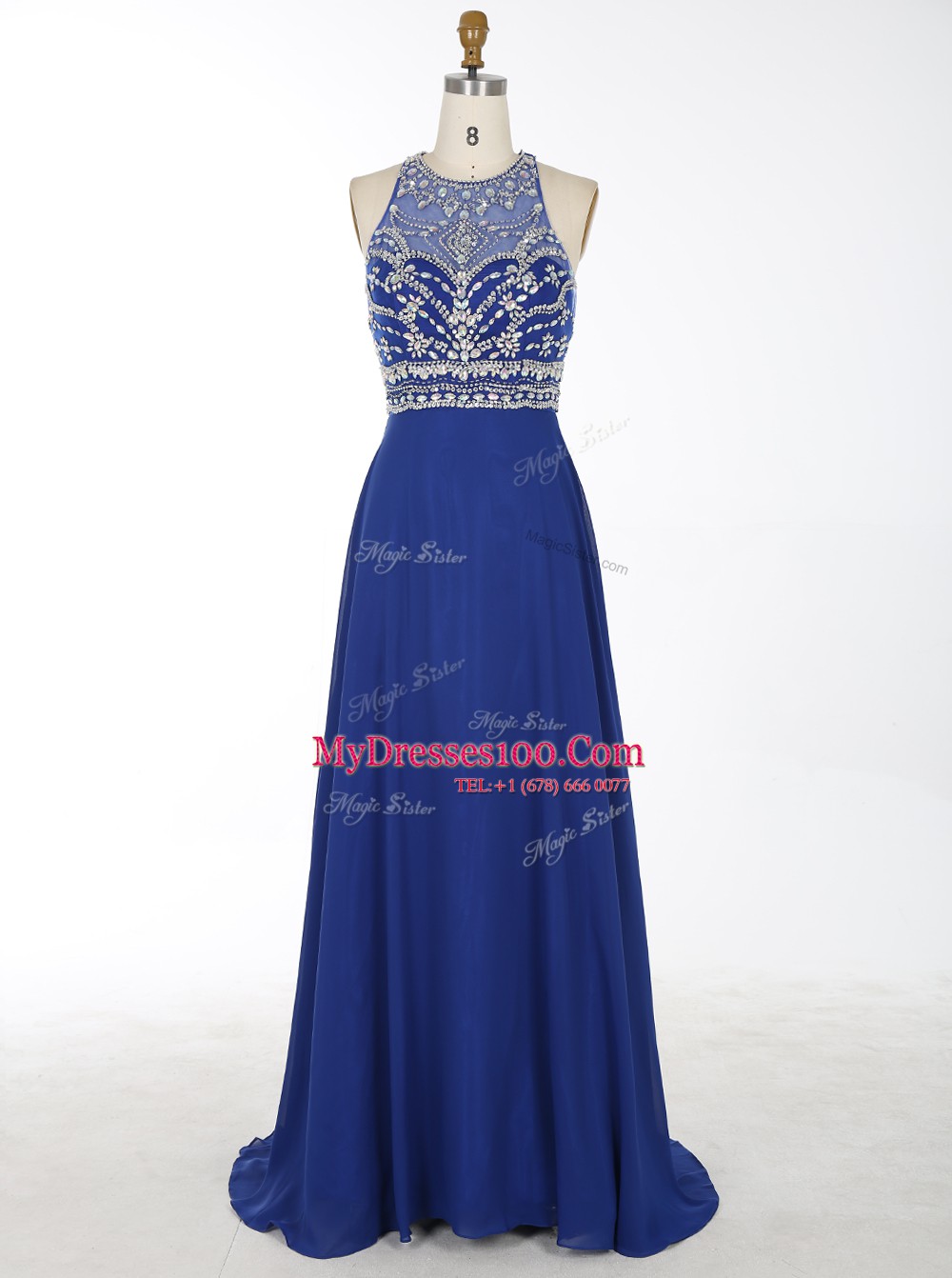 Custom Design Scoop With Train Criss Cross Homecoming Dress Royal Blue for Prom and Party with Beading Brush Train