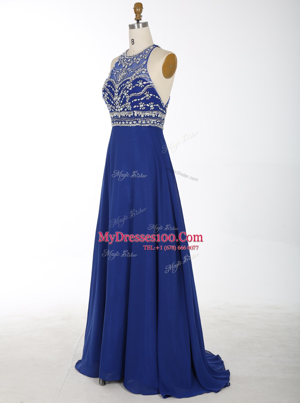 Custom Design Scoop With Train Criss Cross Homecoming Dress Royal Blue for Prom and Party with Beading Brush Train