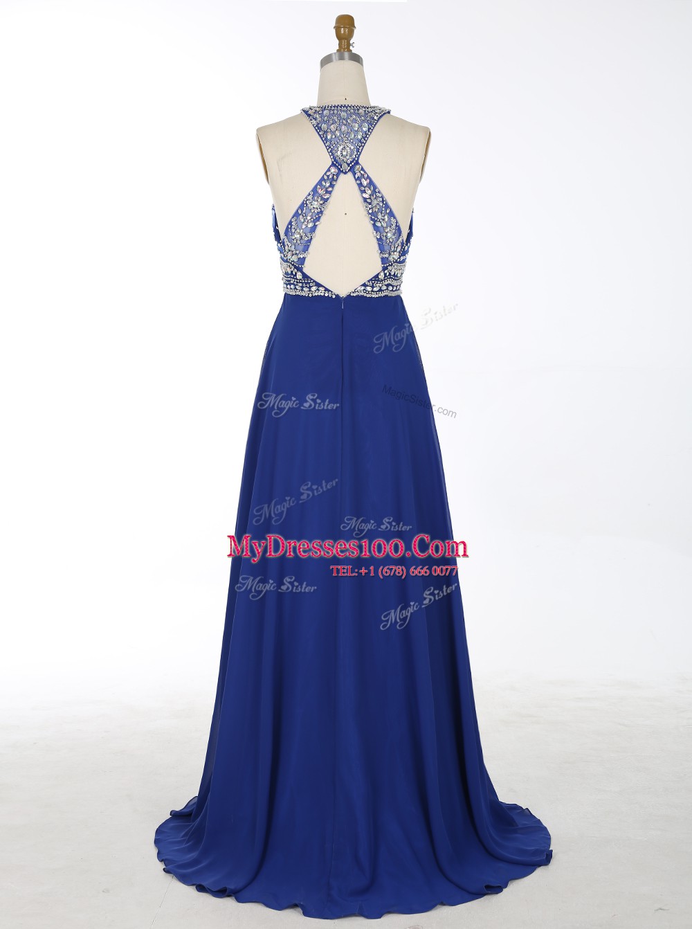 Custom Design Scoop With Train Criss Cross Homecoming Dress Royal Blue for Prom and Party with Beading Brush Train