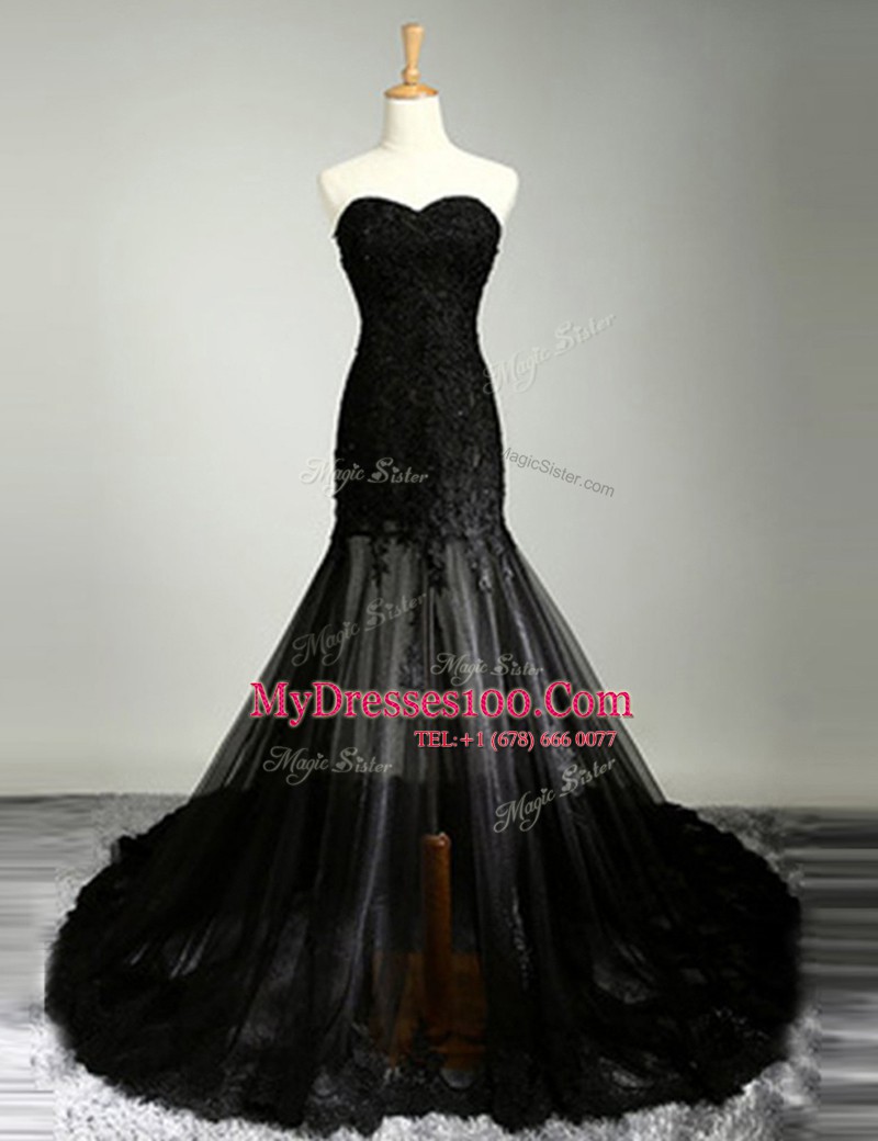Low Price Mermaid Sweetheart Sleeveless Prom Gown With Brush Train Lace Black Tulle