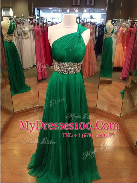 One Shoulder Sleeveless Brush Train Beading Backless Prom Gown