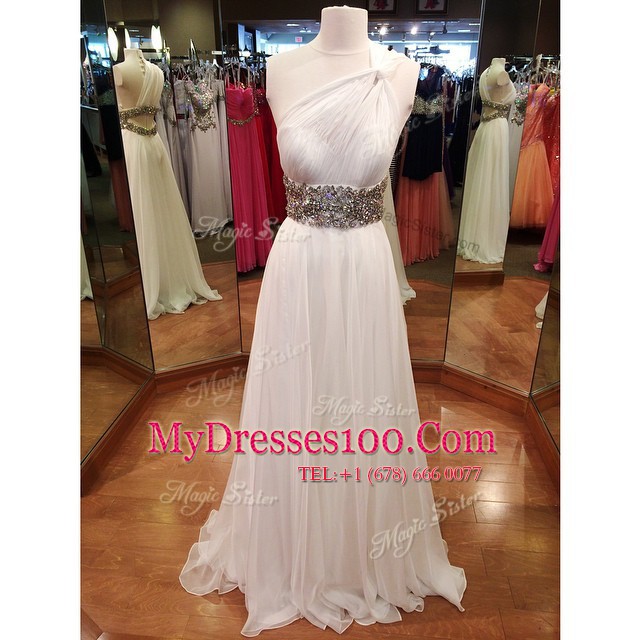 One Shoulder Sleeveless Brush Train Beading Backless Prom Gown