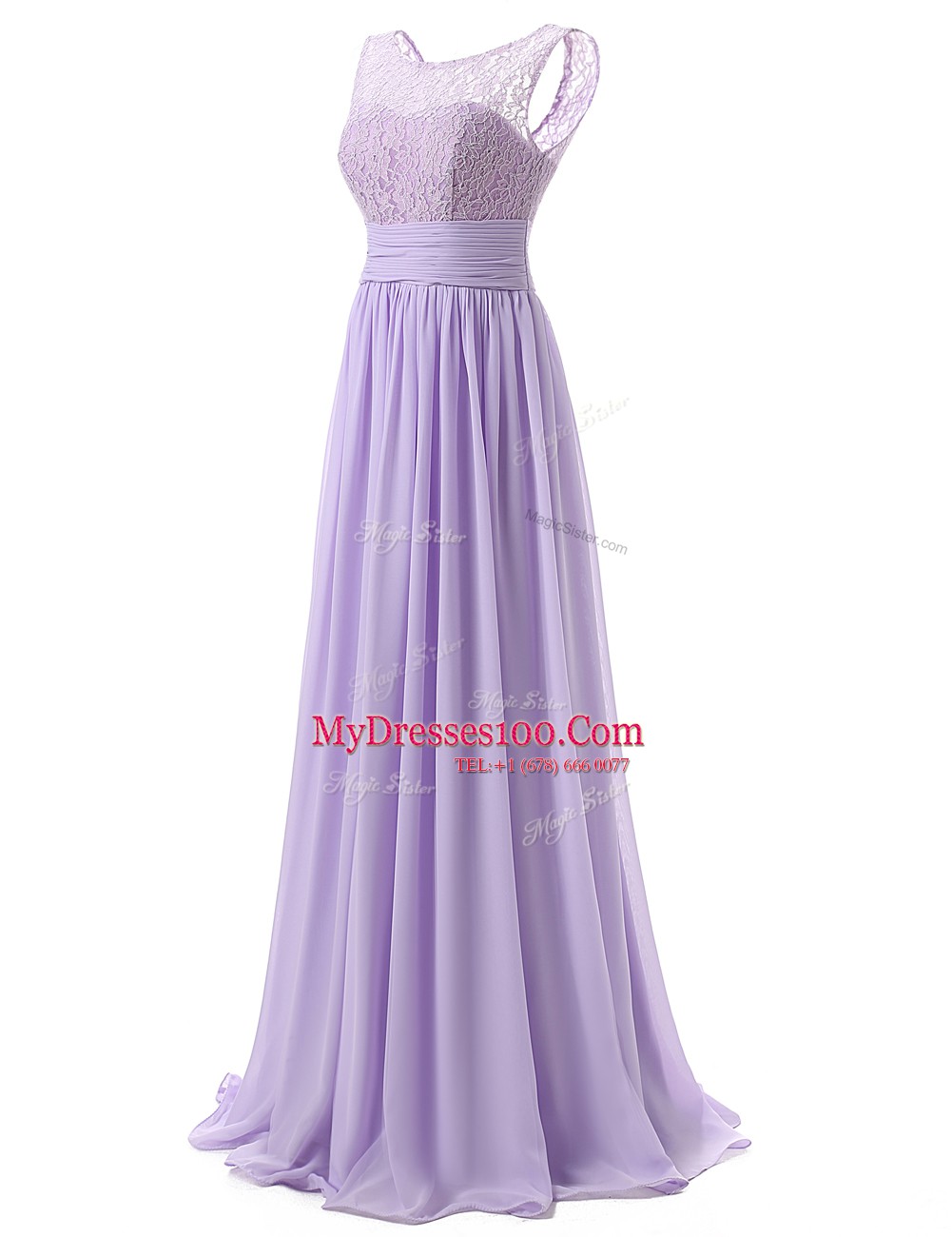 Scoop Lavender A-line Lace Evening Dress Zipper Chiffon Sleeveless With Train