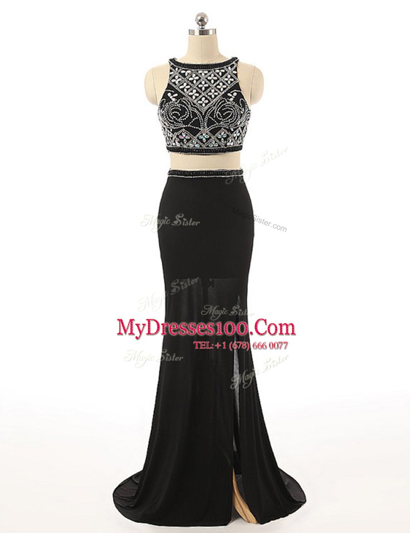 Nice Black Zipper Bateau Beading Prom Dress Chiffon Sleeveless Sweep Train