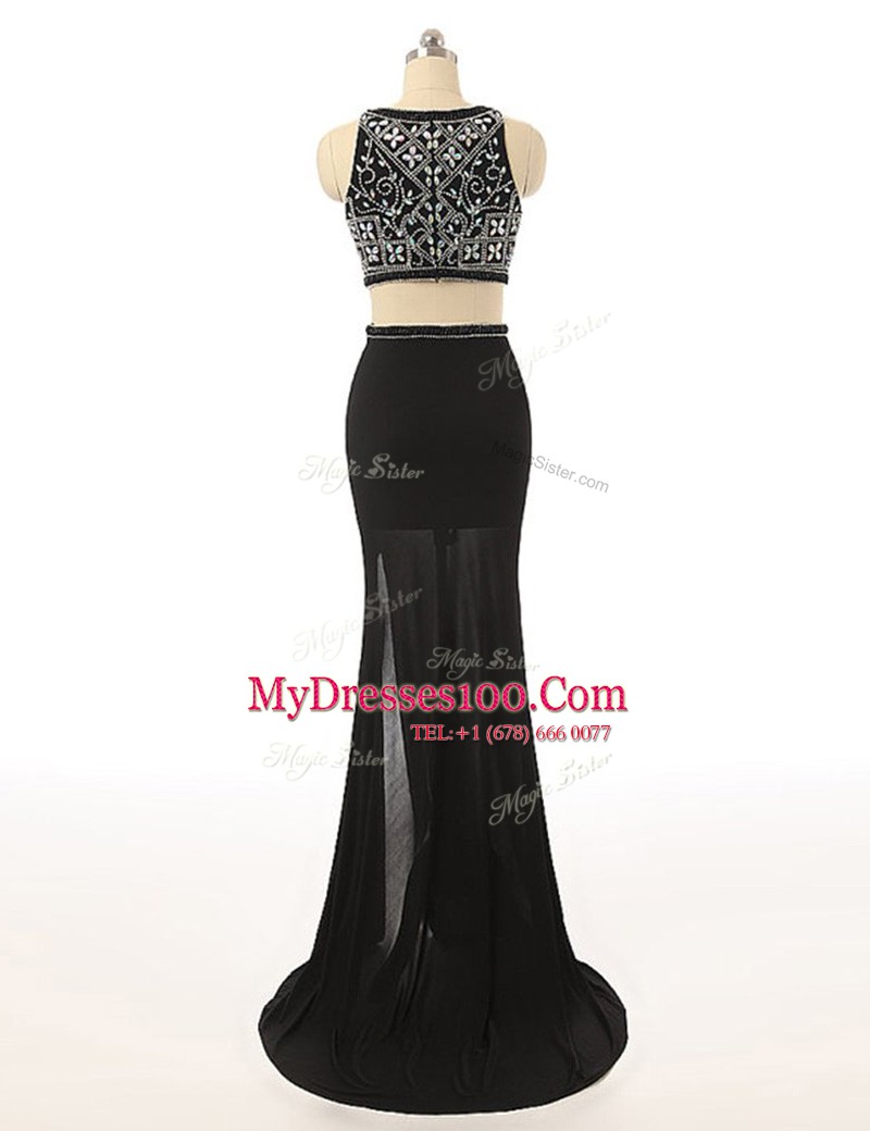 Nice Black Zipper Bateau Beading Prom Dress Chiffon Sleeveless Sweep Train