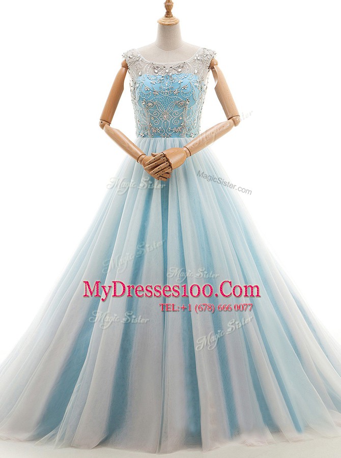 Affordable Scoop Sleeveless Prom Party Dress With Train Court Train Beading Light Blue Tulle