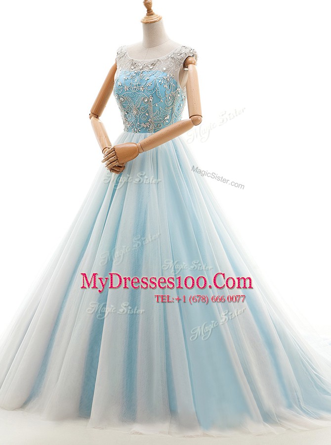 Affordable Scoop Sleeveless Prom Party Dress With Train Court Train Beading Light Blue Tulle