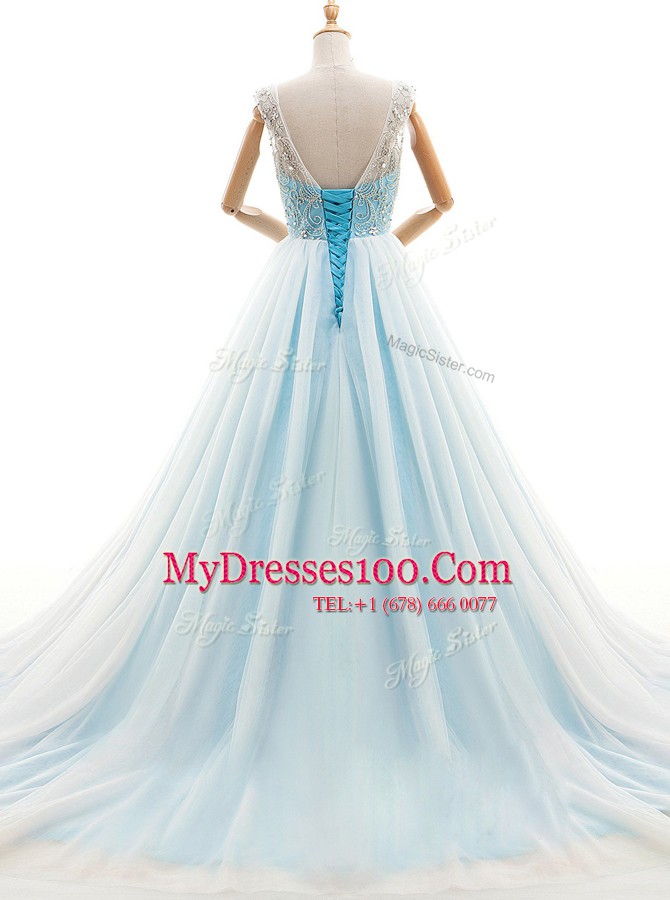 Affordable Scoop Sleeveless Prom Party Dress With Train Court Train Beading Light Blue Tulle