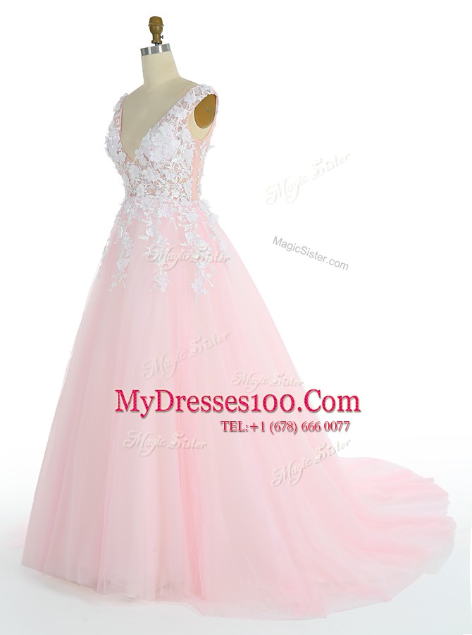Tulle V-neck Sleeveless Sweep Train Zipper Appliques Prom Party Dress in Pink