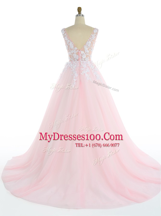 Tulle V-neck Sleeveless Sweep Train Zipper Appliques Prom Party Dress in Pink