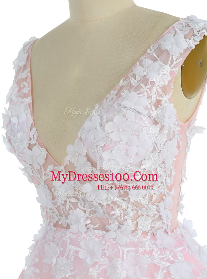 Tulle V-neck Sleeveless Sweep Train Zipper Appliques Prom Party Dress in Pink