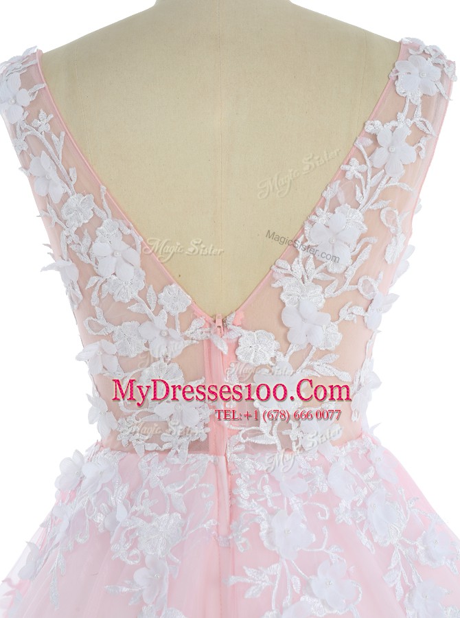 Tulle V-neck Sleeveless Sweep Train Zipper Appliques Prom Party Dress in Pink