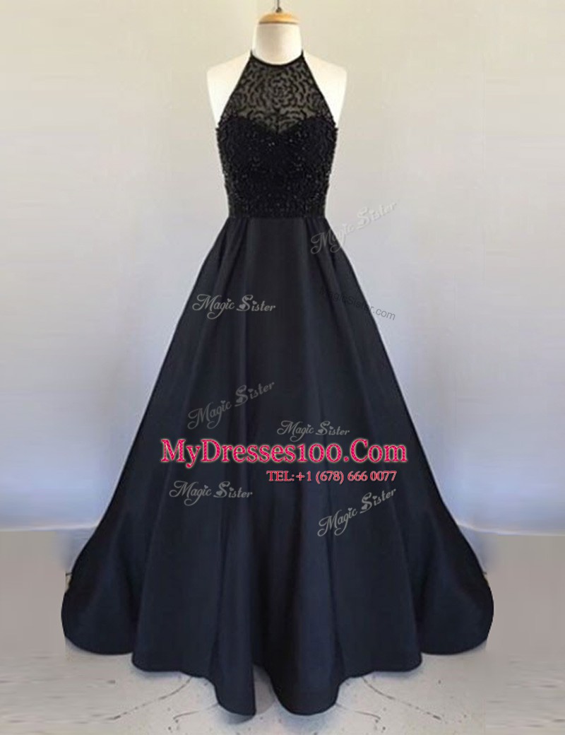 Fantastic Black Halter Top Neckline Beading Prom Dresses Sleeveless Zipper