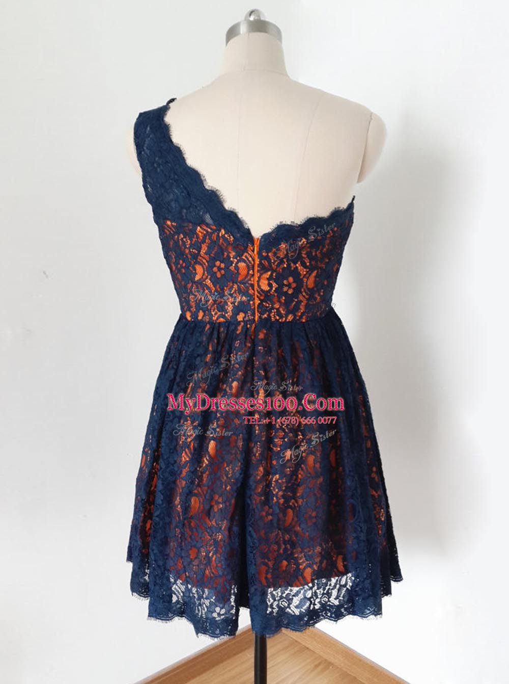 Fantastic One Shoulder Navy Blue Lace Zipper Prom Evening Gown Sleeveless Knee Length Lace