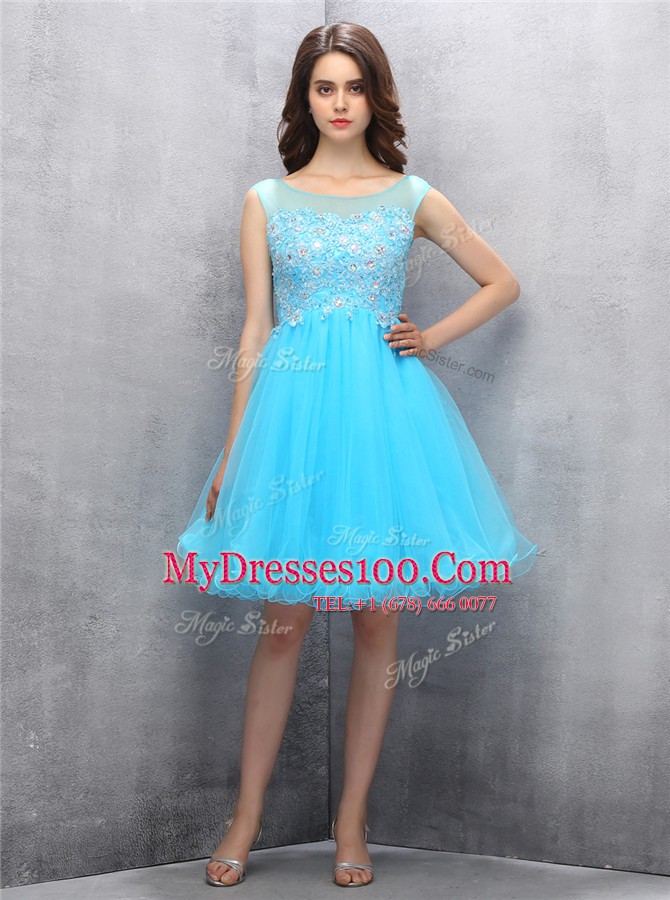 Sweet Blue Tulle Zipper Scoop Sleeveless Knee Length Prom Party Dress Beading and Appliques