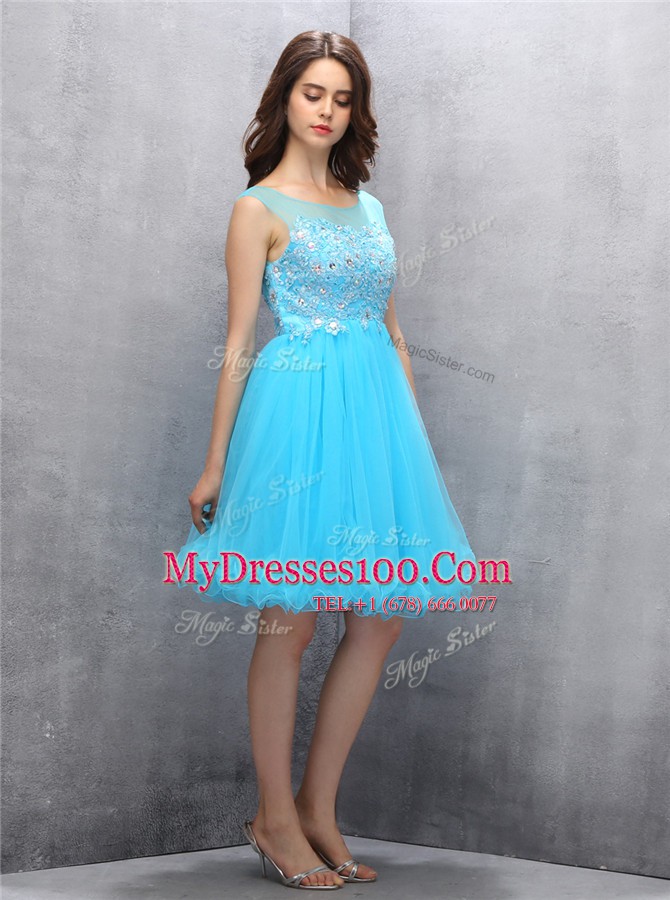 Sweet Blue Tulle Zipper Scoop Sleeveless Knee Length Prom Party Dress Beading and Appliques
