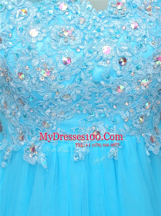 Sweet Blue Tulle Zipper Scoop Sleeveless Knee Length Prom Party Dress Beading and Appliques