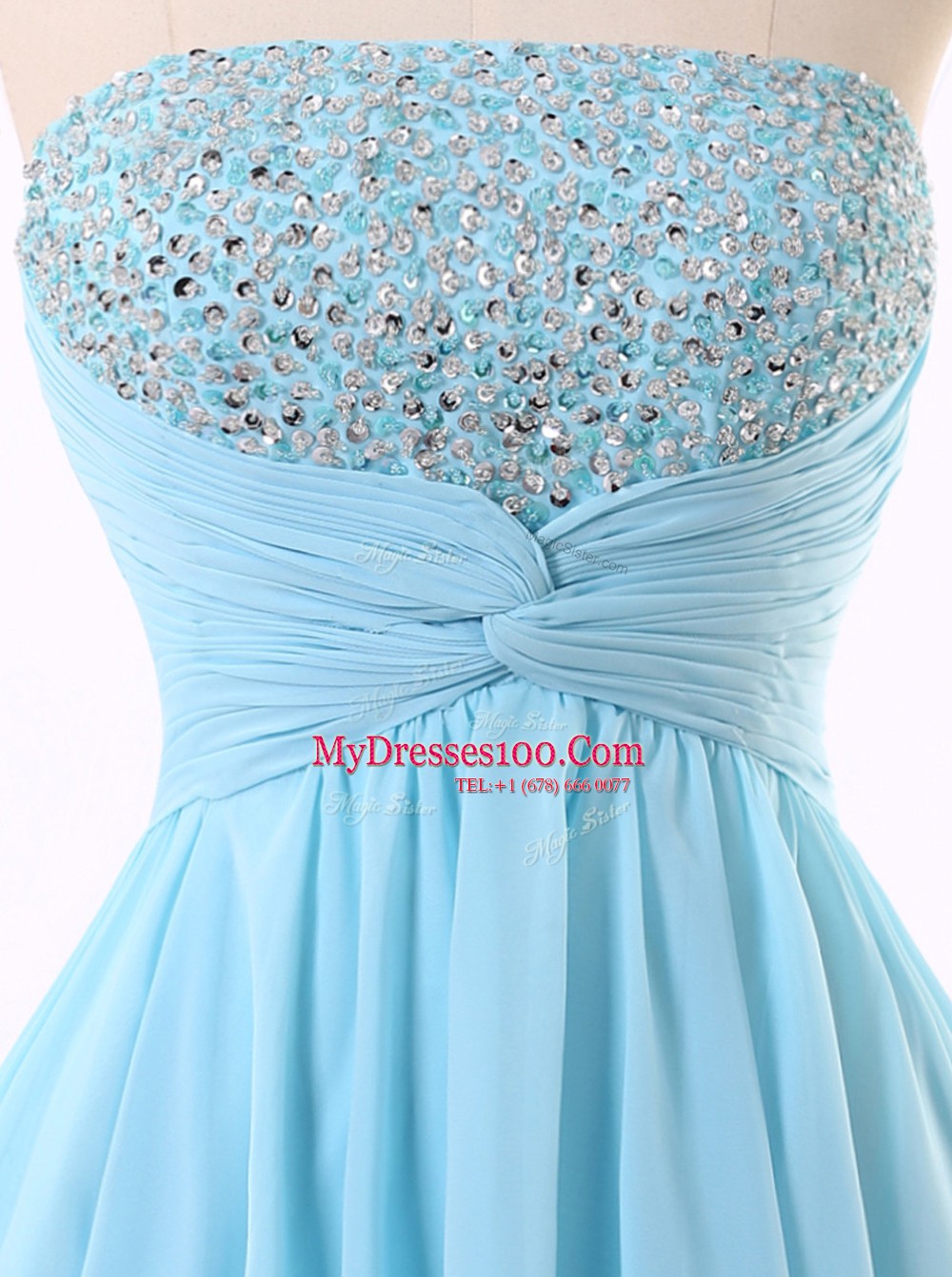 Cheap Sequins Blue Sleeveless Chiffon Zipper Prom Dresses for Prom