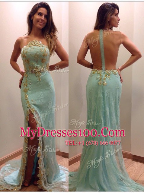 Excellent Mermaid Sequins Strapless Sleeveless Court Train Zipper Apple Green Tulle