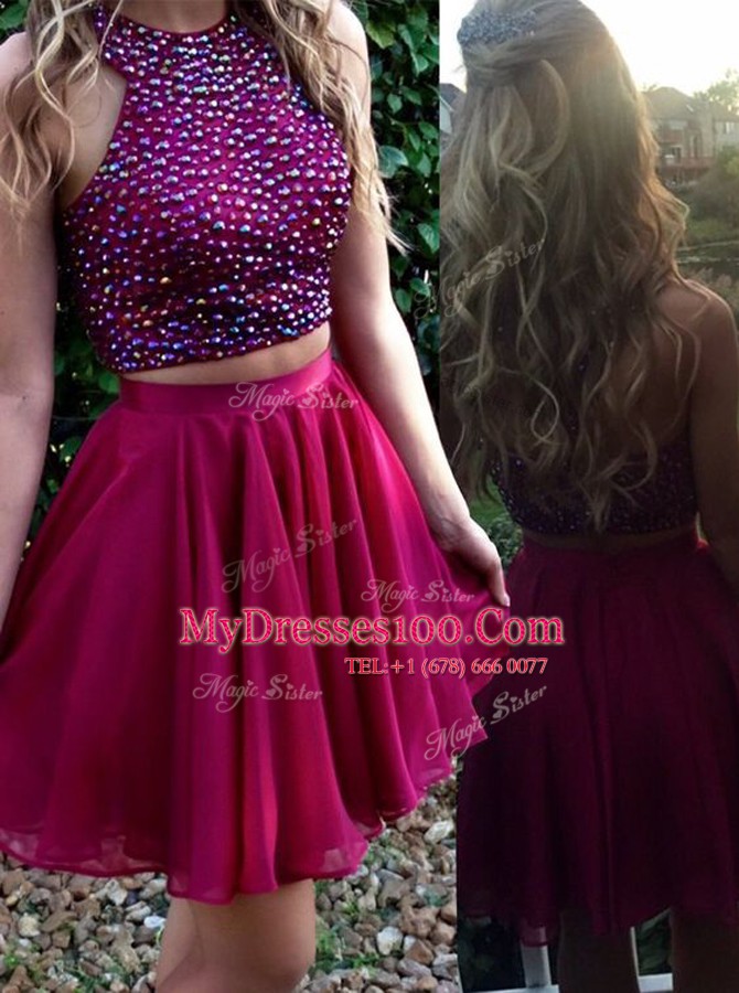 Comfortable Fuchsia Chiffon Zipper Scoop Sleeveless Mini Length Prom Gown Beading