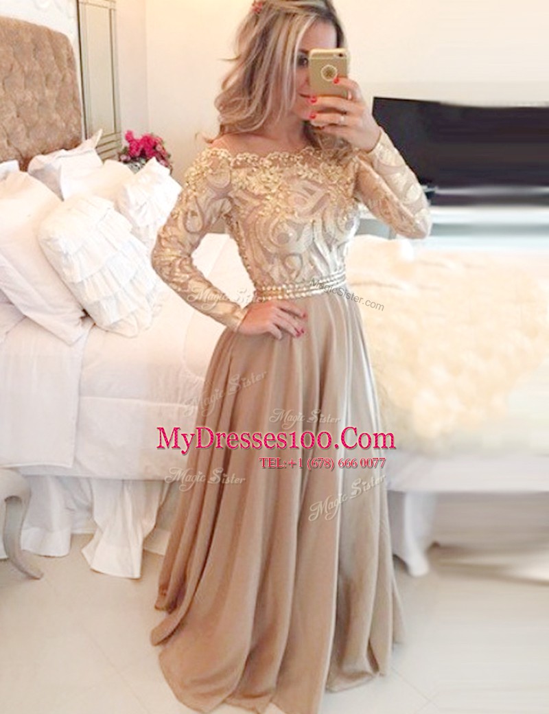 Floor Length Brown Prom Gown Scoop Long Sleeves Zipper