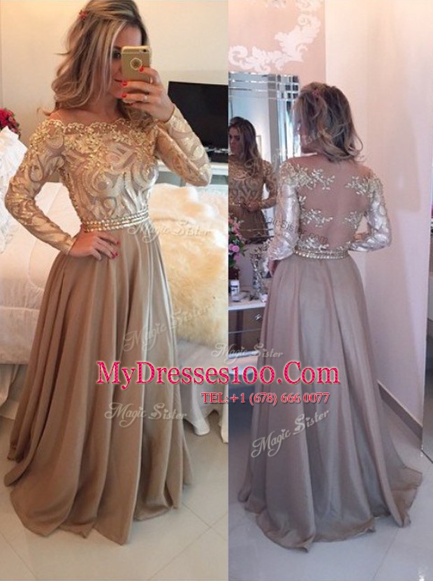 Floor Length Brown Prom Gown Scoop Long Sleeves Zipper