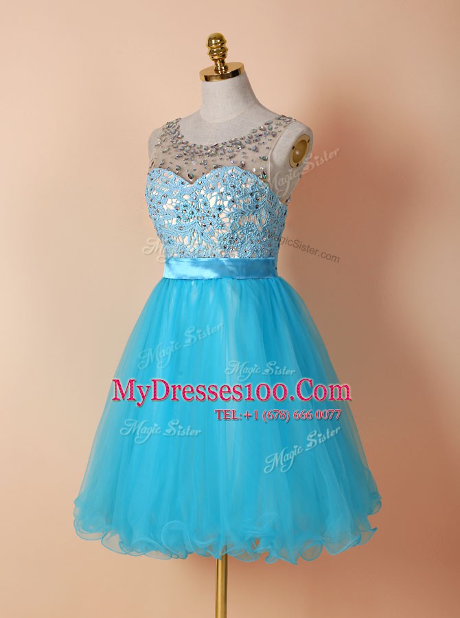 Scoop Tulle Sleeveless Knee Length Homecoming Dress and Beading and Lace