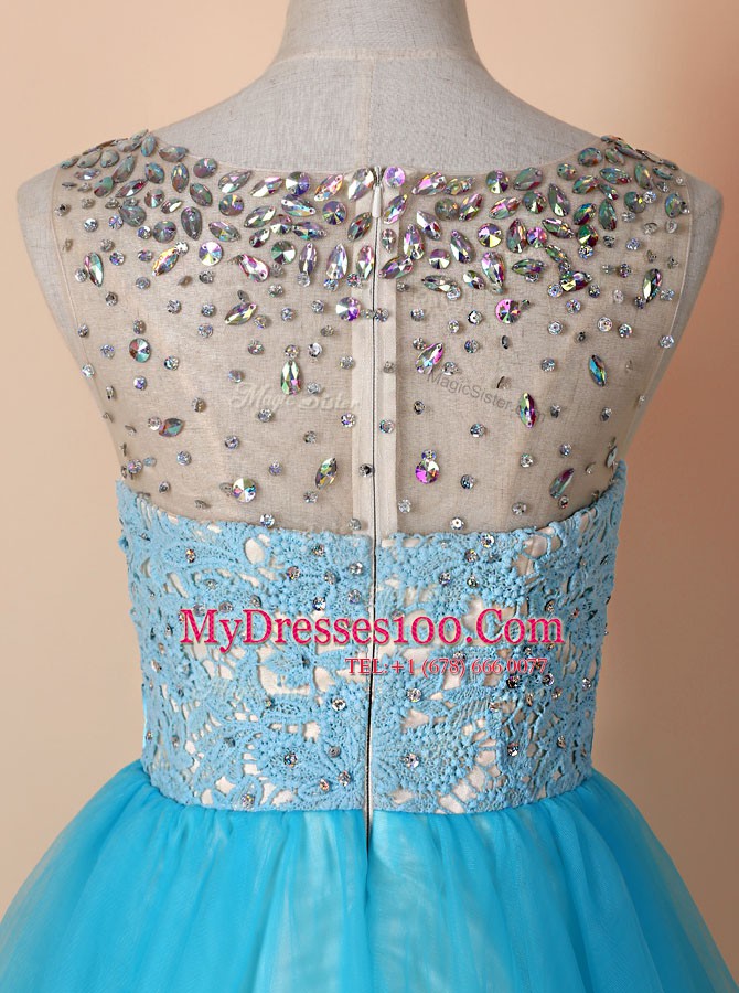 Scoop Tulle Sleeveless Knee Length Homecoming Dress and Beading and Lace