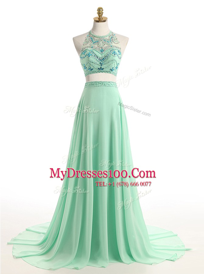 High End Halter Top Sleeveless Brush Train Beading Zipper Prom Dresses