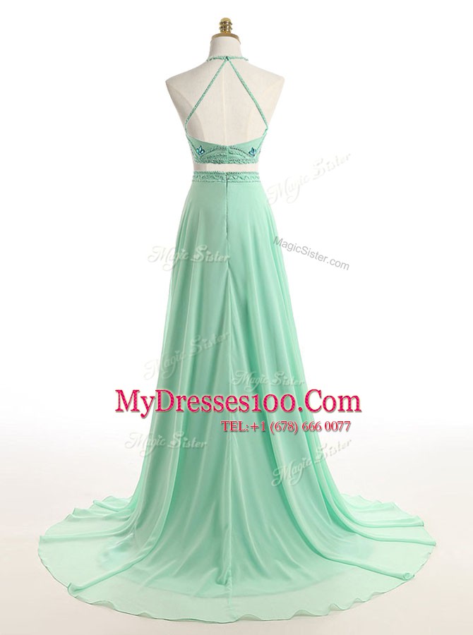 High End Halter Top Sleeveless Brush Train Beading Zipper Prom Dresses
