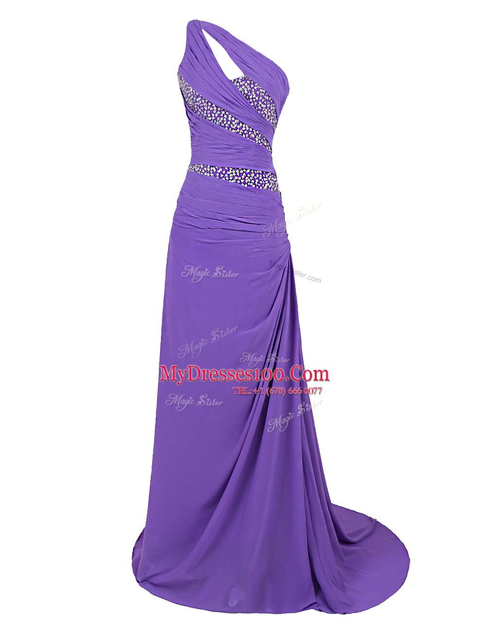 Purple A-line Chiffon One Shoulder Sleeveless Beading Zipper Prom Dresses Brush Train