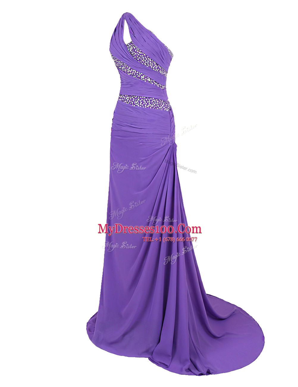 Purple A-line Chiffon One Shoulder Sleeveless Beading Zipper Prom Dresses Brush Train