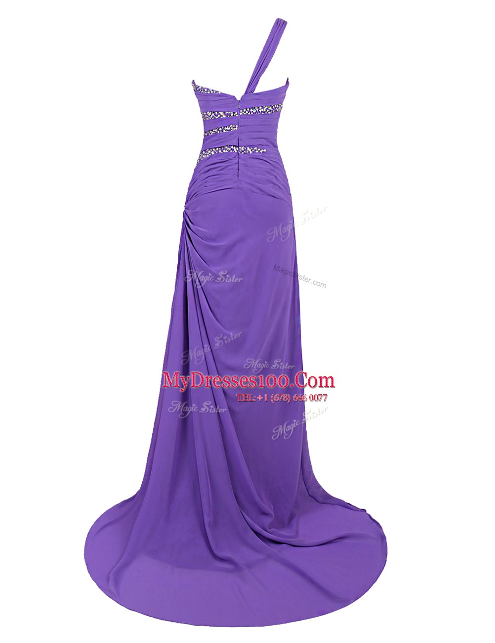 Purple A-line Chiffon One Shoulder Sleeveless Beading Zipper Prom Dresses Brush Train