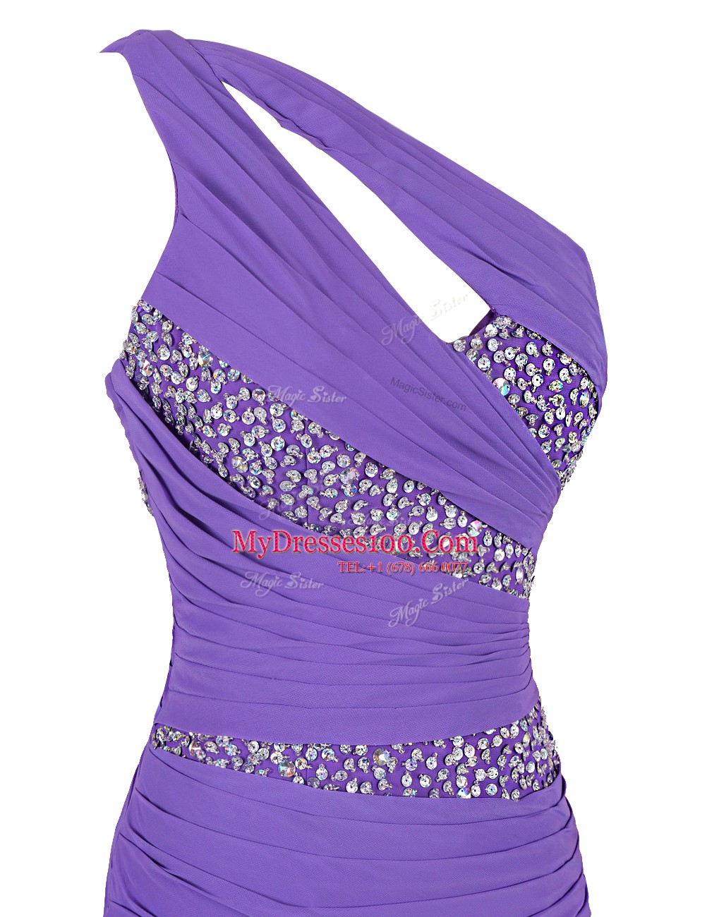 Purple A-line Chiffon One Shoulder Sleeveless Beading Zipper Prom Dresses Brush Train