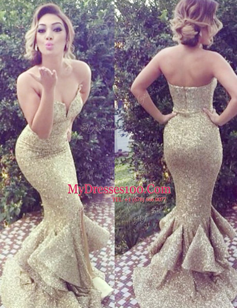 Elegant Gold Mermaid Ruffles Evening Dress Zipper Sequined Sleeveless