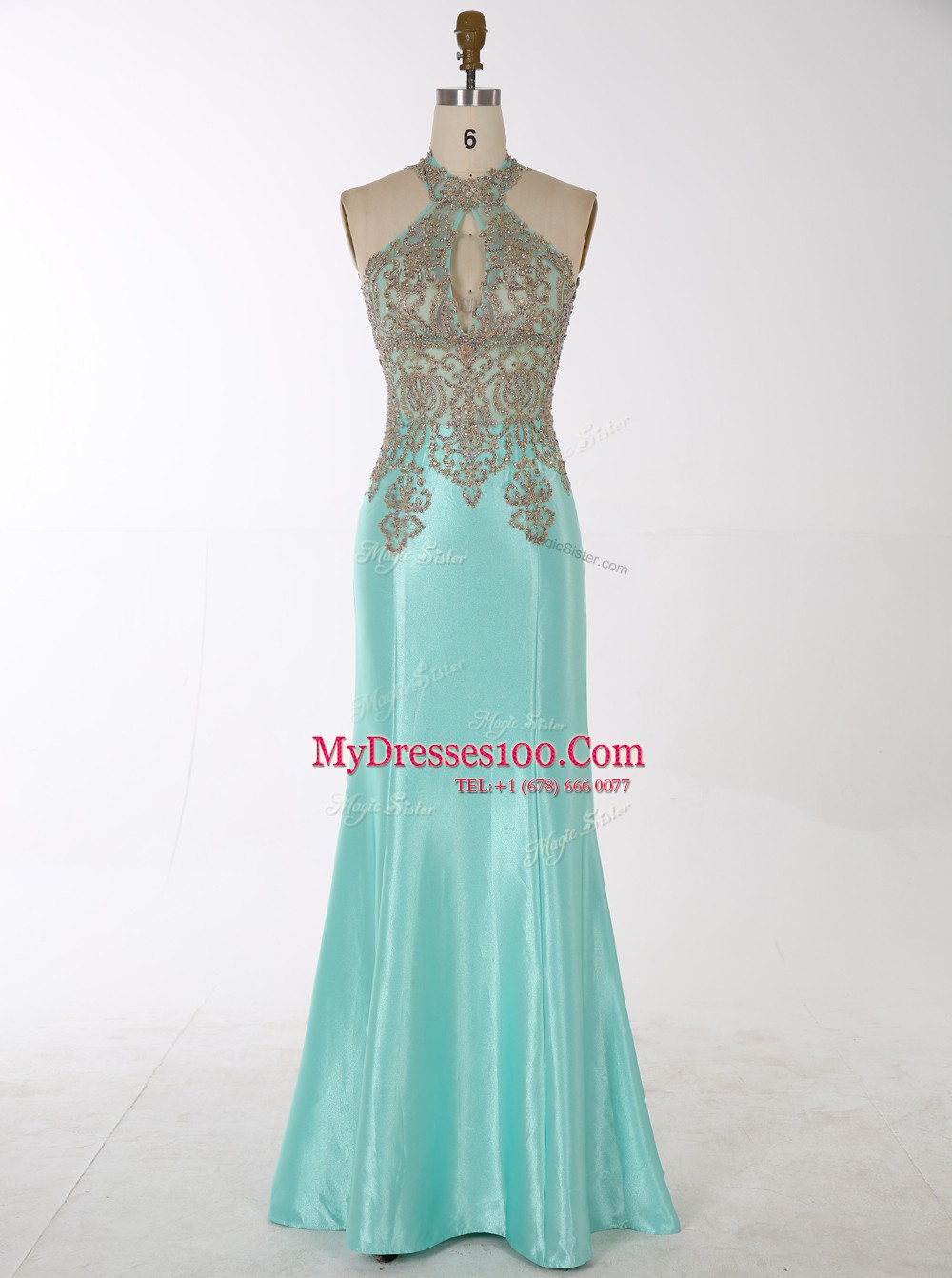 Mermaid Aqua Blue Satin Zipper Prom Dress Sleeveless Floor Length Beading