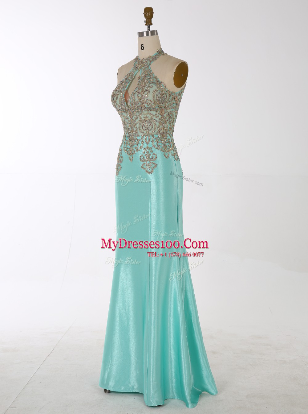 Mermaid Aqua Blue Satin Zipper Prom Dress Sleeveless Floor Length Beading