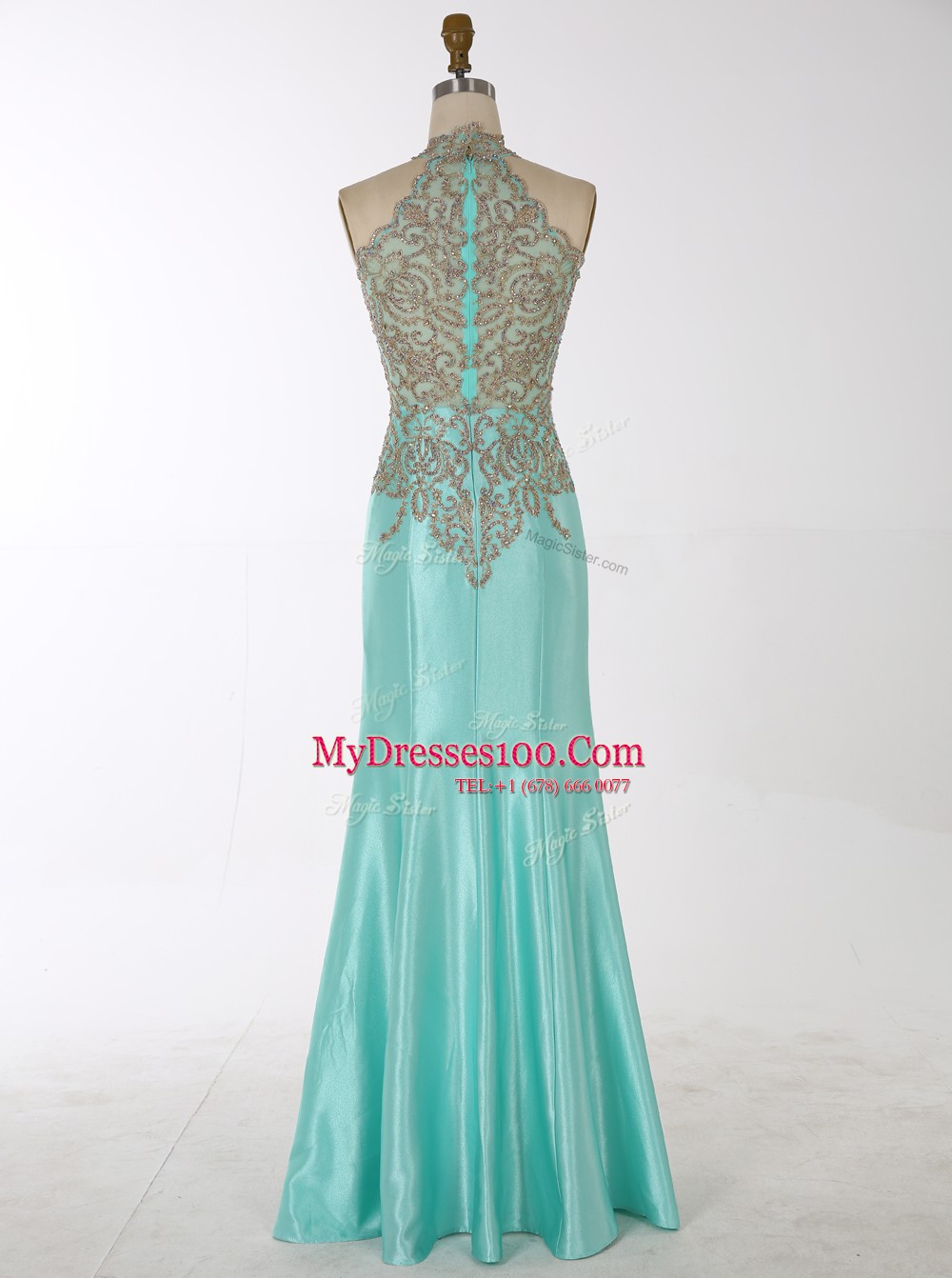 Mermaid Aqua Blue Satin Zipper Prom Dress Sleeveless Floor Length Beading