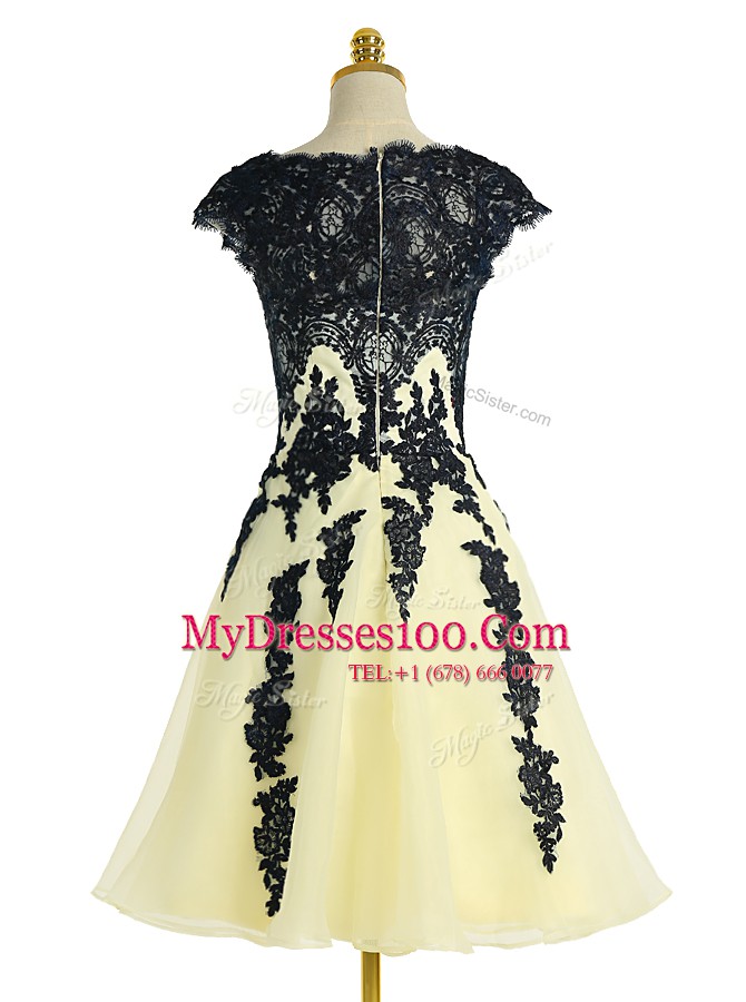 Decent Scalloped Knee Length A-line Cap Sleeves Light Yellow Homecoming Dress Zipper