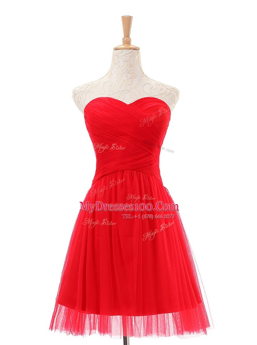 Noble Knee Length Zipper Prom Dresses Red for Party with Ruching