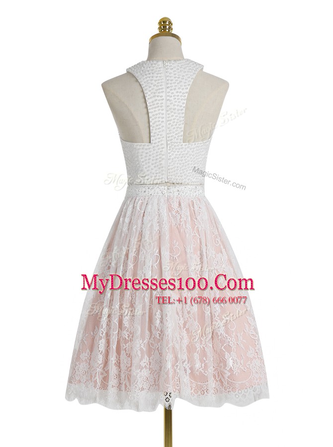 Glittering Halter Top Lace Pink And White Zipper Evening Party Dresses Beading Sleeveless Knee Length