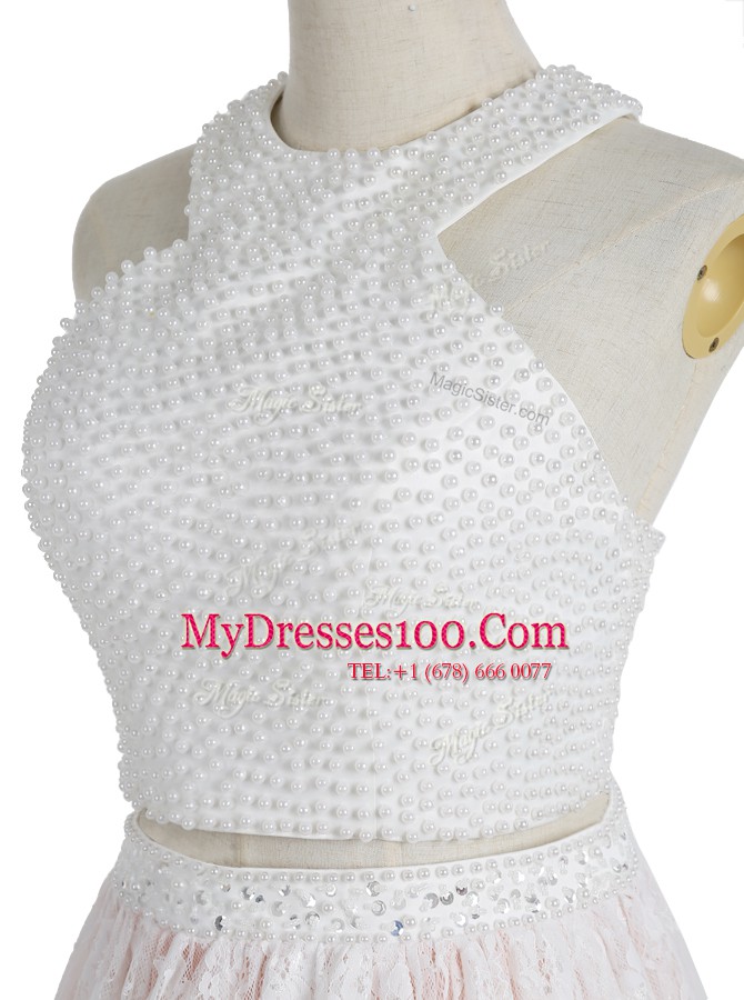 Glittering Halter Top Lace Pink And White Zipper Evening Party Dresses Beading Sleeveless Knee Length