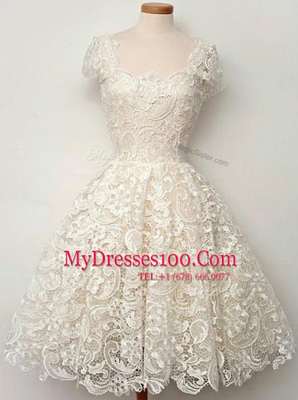 Hot Selling Scoop Lace Evening Gowns White Zipper Cap Sleeves Knee Length