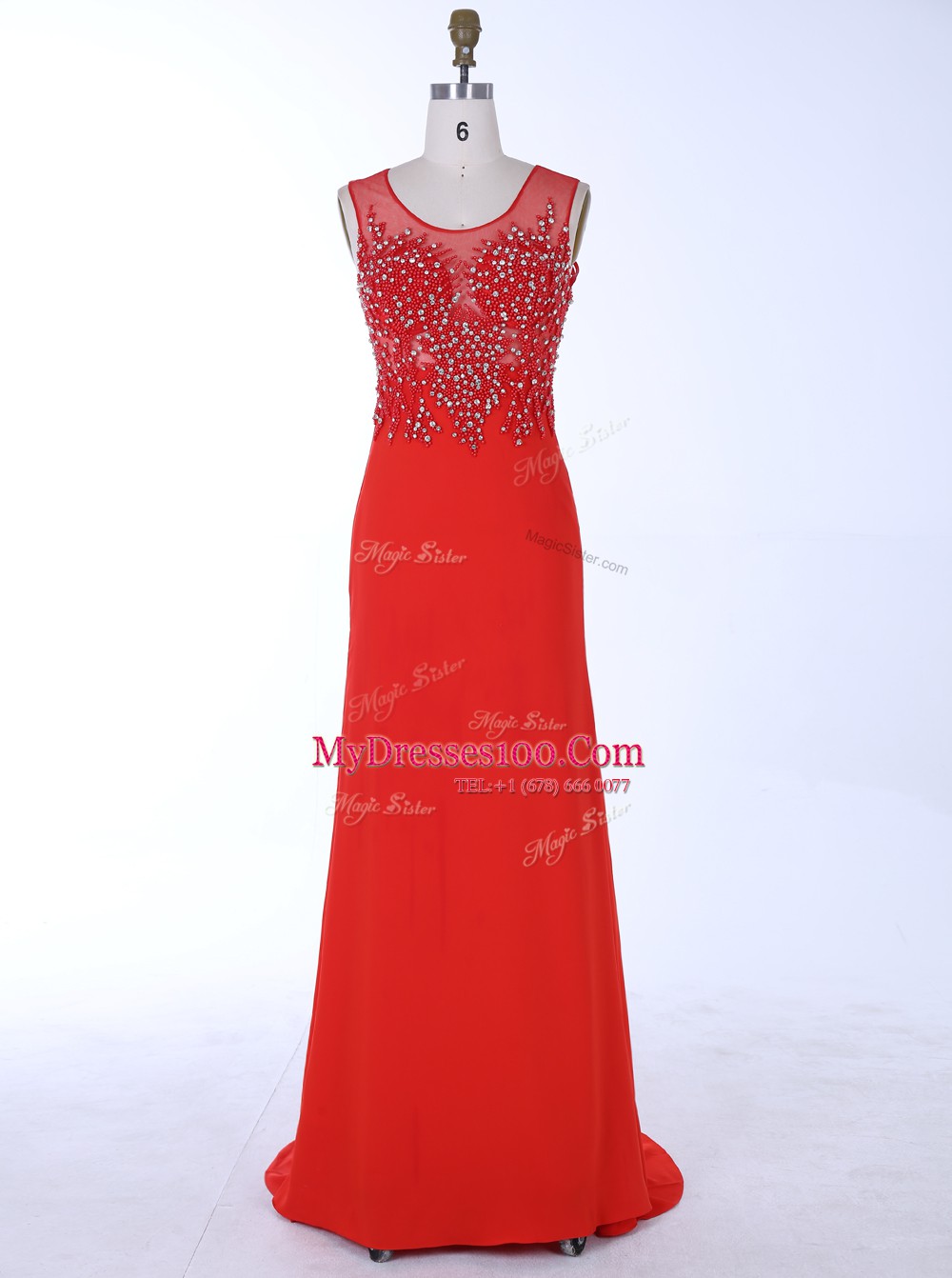 Mermaid Scoop Sleeveless With Train Beading and Appliques Zipper Formal Dresses with Red Brush Train